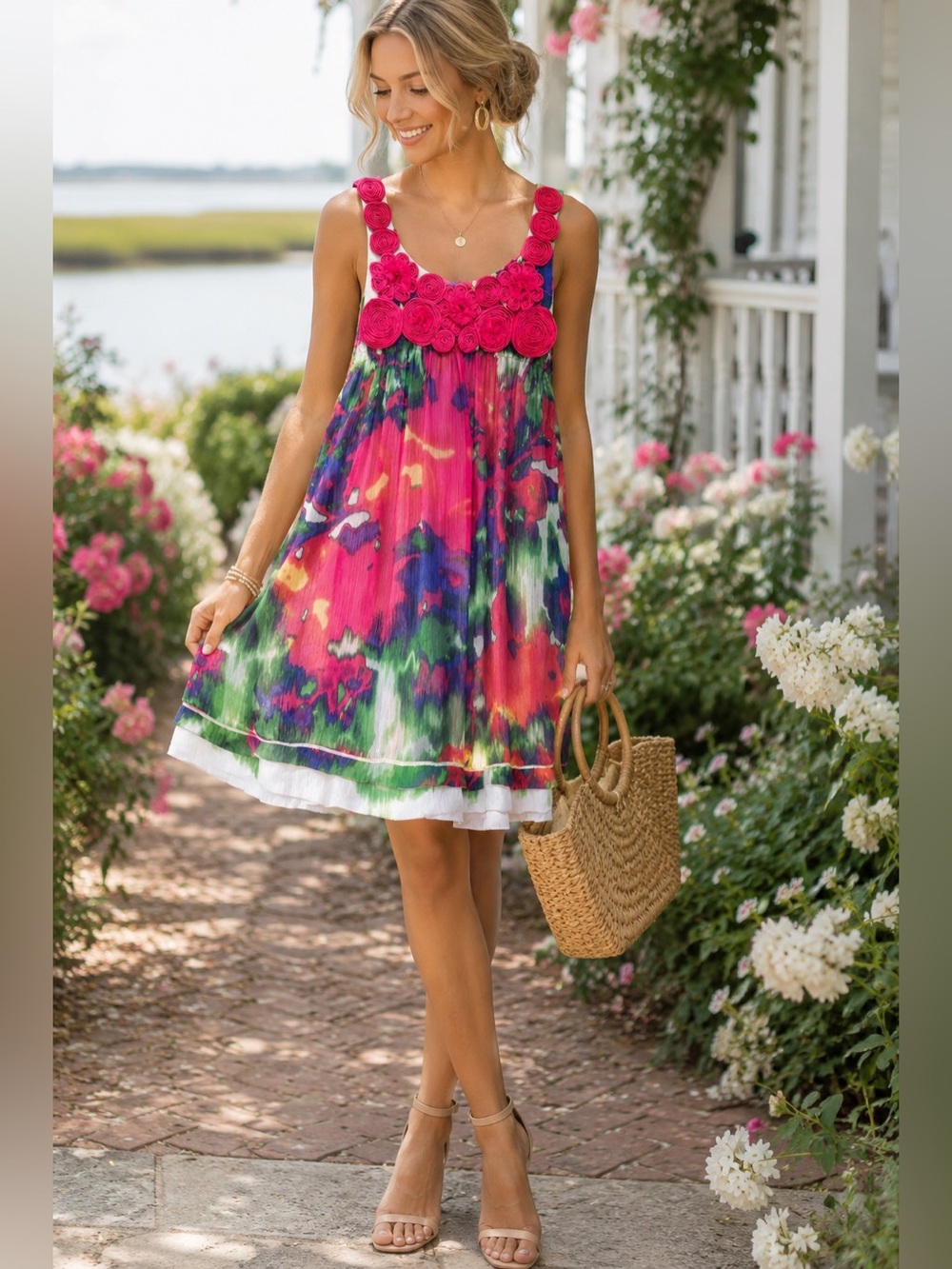 Beige by ECI Rosette Dress Size 6 Pink Floral Romantic Statement Mini